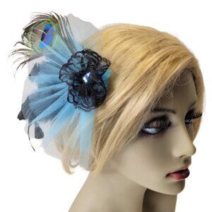 Blue Tulle Lace Fascinator Peacock Feathers Hair Accessory Brooch Pin